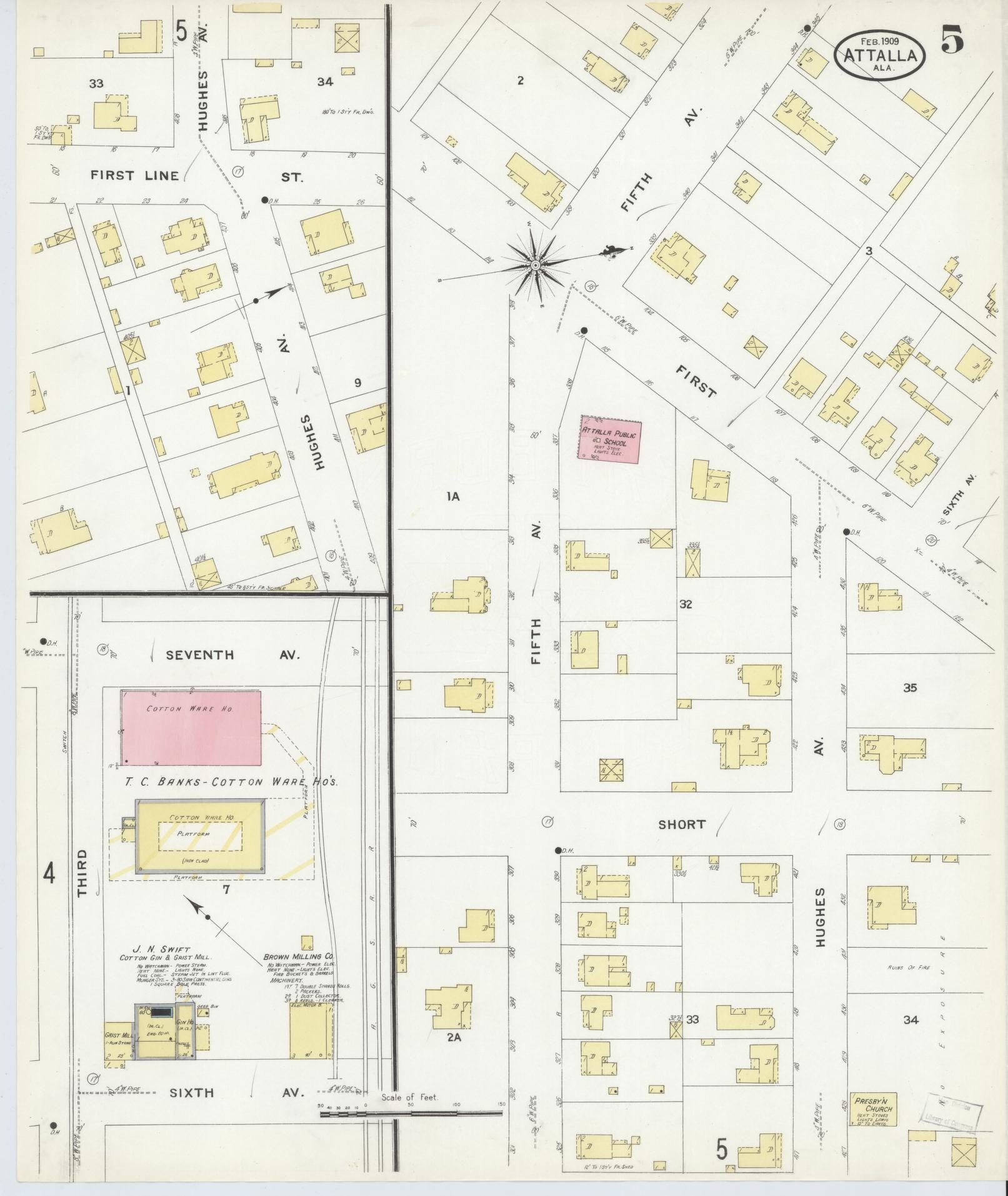 Sanborn Fire Insurance Map from Attalla, Etowah County, Alabama (1909), Sheet #0005 - Historic Sanborn Fire Insurance Map Print, vintage old map wall art, antique decor, genealogy gift, Alabama Alabama map
