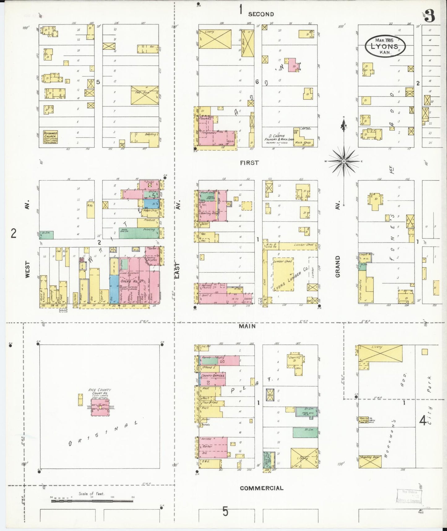 Sanborn Fire Insurance Map from Lyons, Rice County, Kansas (1905), Sheet #0003 - Complete Map Set gallery image, historic Sanborn map, vintage wall art, Kansas Kansas
