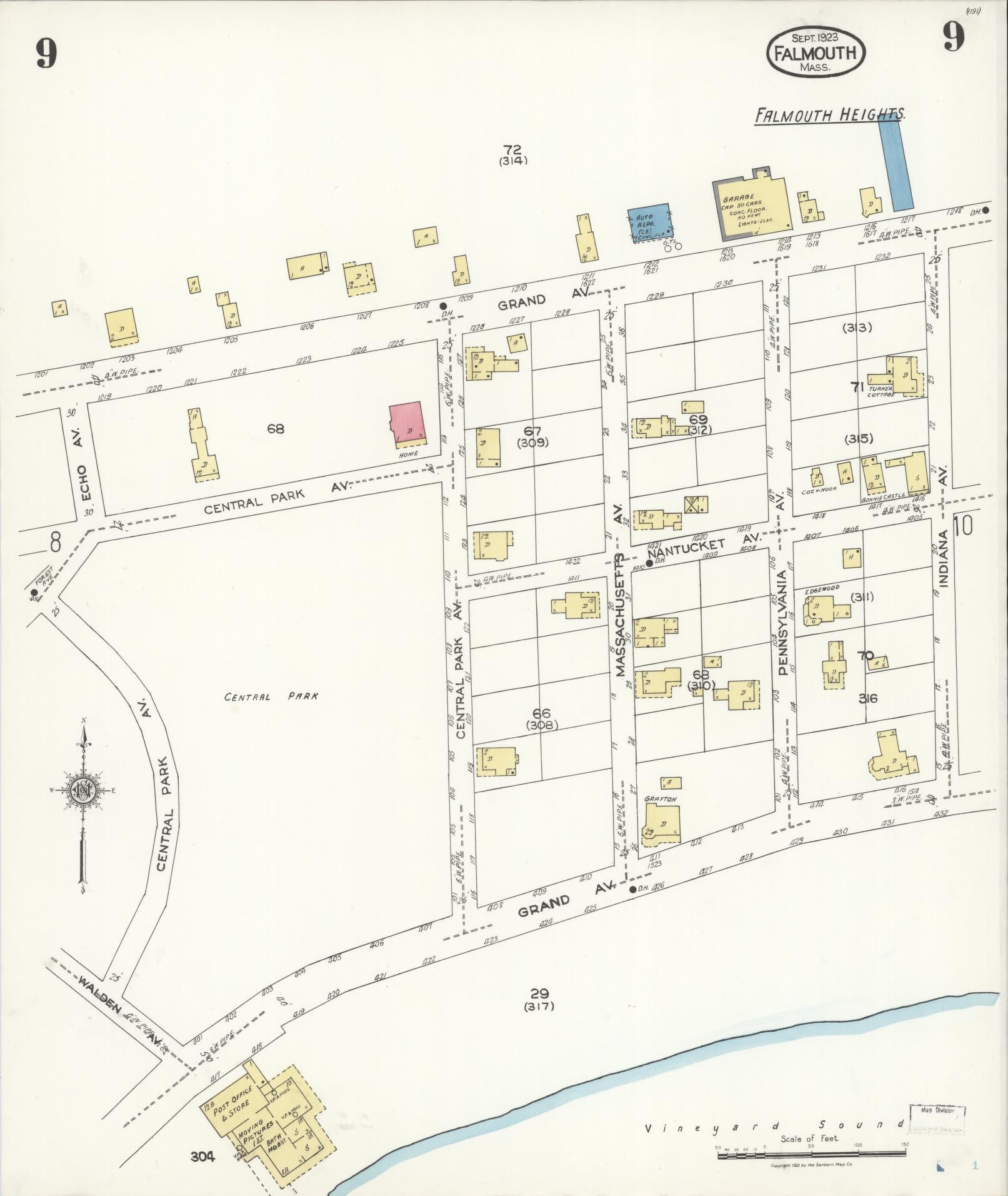 Sanborn Fire Insurance Map from Falmouth, Barnstable County, Massachusetts (1923), Sheet #0009 - Complete Map Set gallery image, historic Sanborn map, vintage wall art, Massachusetts Massachusetts