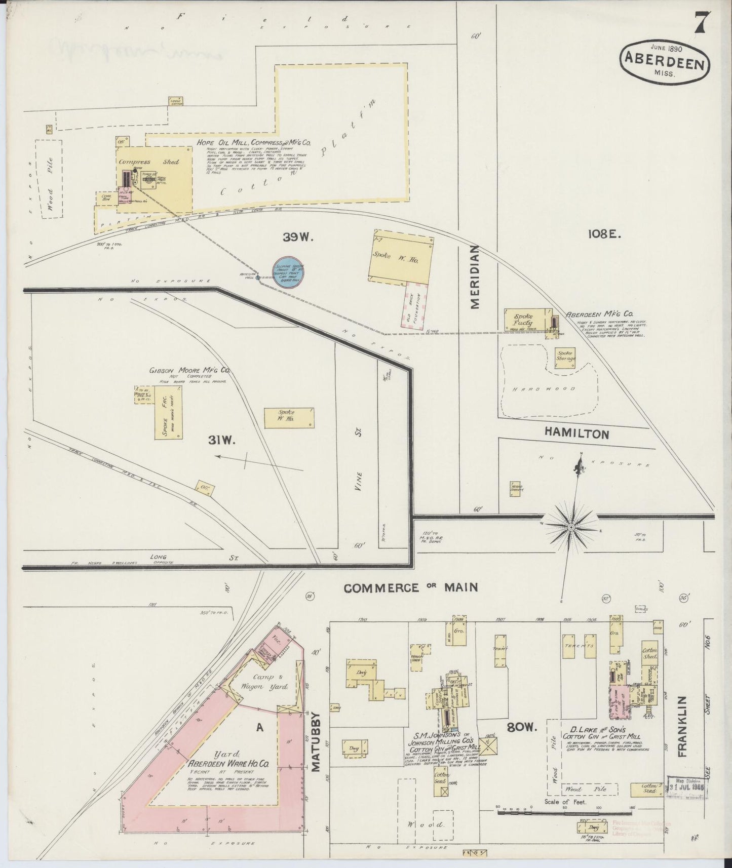 Sanborn Fire Insurance Map from Aberdeen, Monroe County, Mississippi (1890), Sheet #0007 - Complete Map Set gallery image, historic Sanborn map, vintage wall art, Mississippi Mississippi