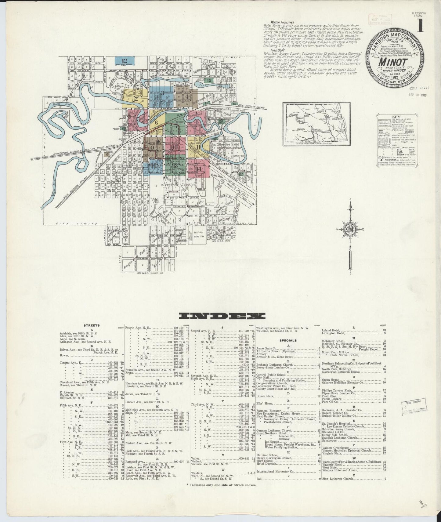 Sanborn Fire Insurance Map from Minot, Ward County, North Dakota (1913), Sheet #0001 - Complete Map Set gallery image, historic Sanborn map, vintage wall art, North Dakota North Dakota