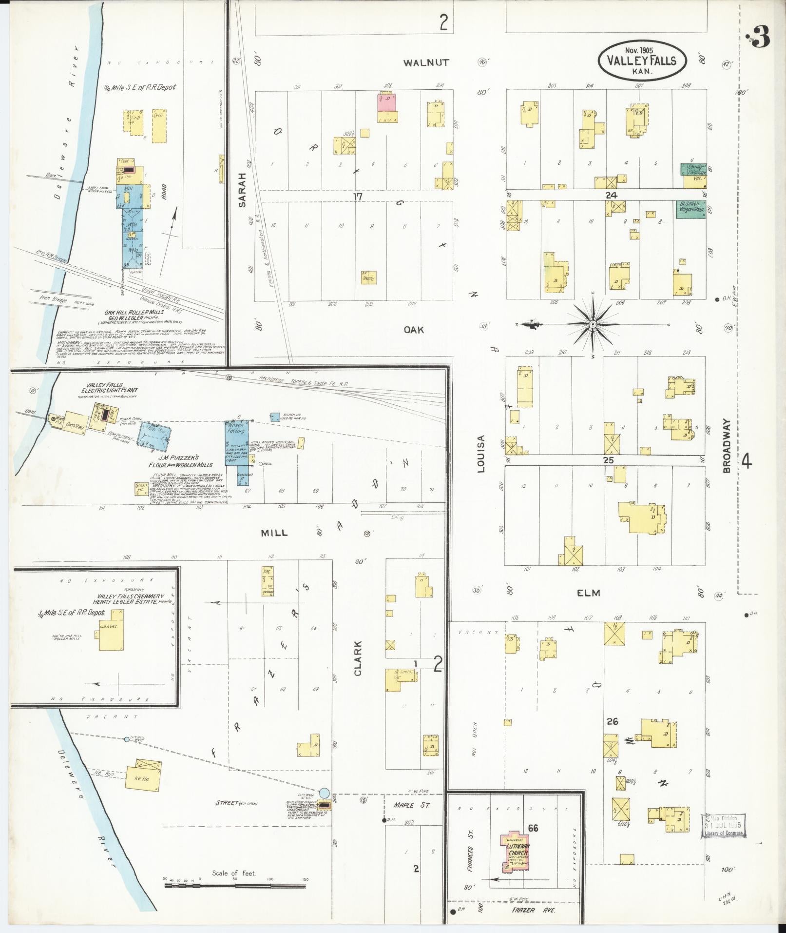 Sanborn Fire Insurance Map from Valley Falls, Jefferson County, Kansas (1905), Sheet #0003 - Historic Sanborn Fire Insurance Map Print, vintage old map wall art, antique decor, genealogy gift, Kansas Kansas map