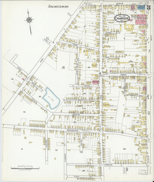 Sanborn Fire Insurance Map from Cambridge, Dorchester County, Maryland (1918), Sheet #0008 - Historic Sanborn Fire Insurance Map Print, vintage old map wall art, antique decor, genealogy gift, Maryland Maryland map