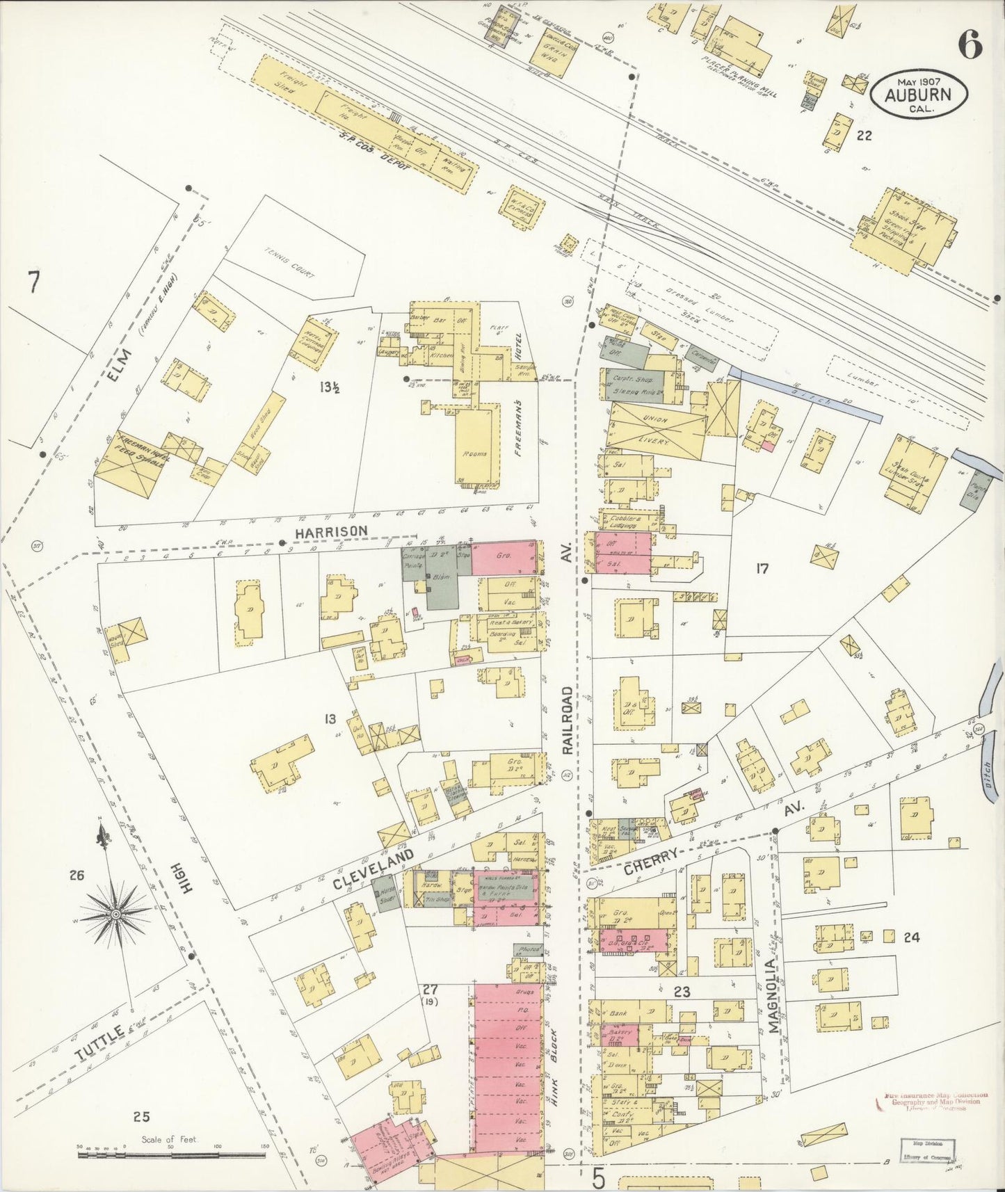 Sanborn Fire Insurance Map from Auburn, Placer County, California (1907), Sheet #0006 - Historic Sanborn Fire Insurance Map Print, vintage old map wall art, antique decor, genealogy gift, California California map