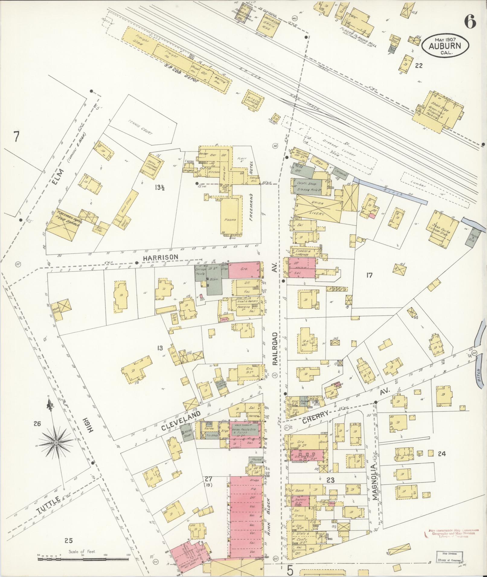 Sanborn Fire Insurance Map from Auburn, Placer County, California (1907), Sheet #0006 - Historic Sanborn Fire Insurance Map Print, vintage old map wall art, antique decor, genealogy gift, California California map