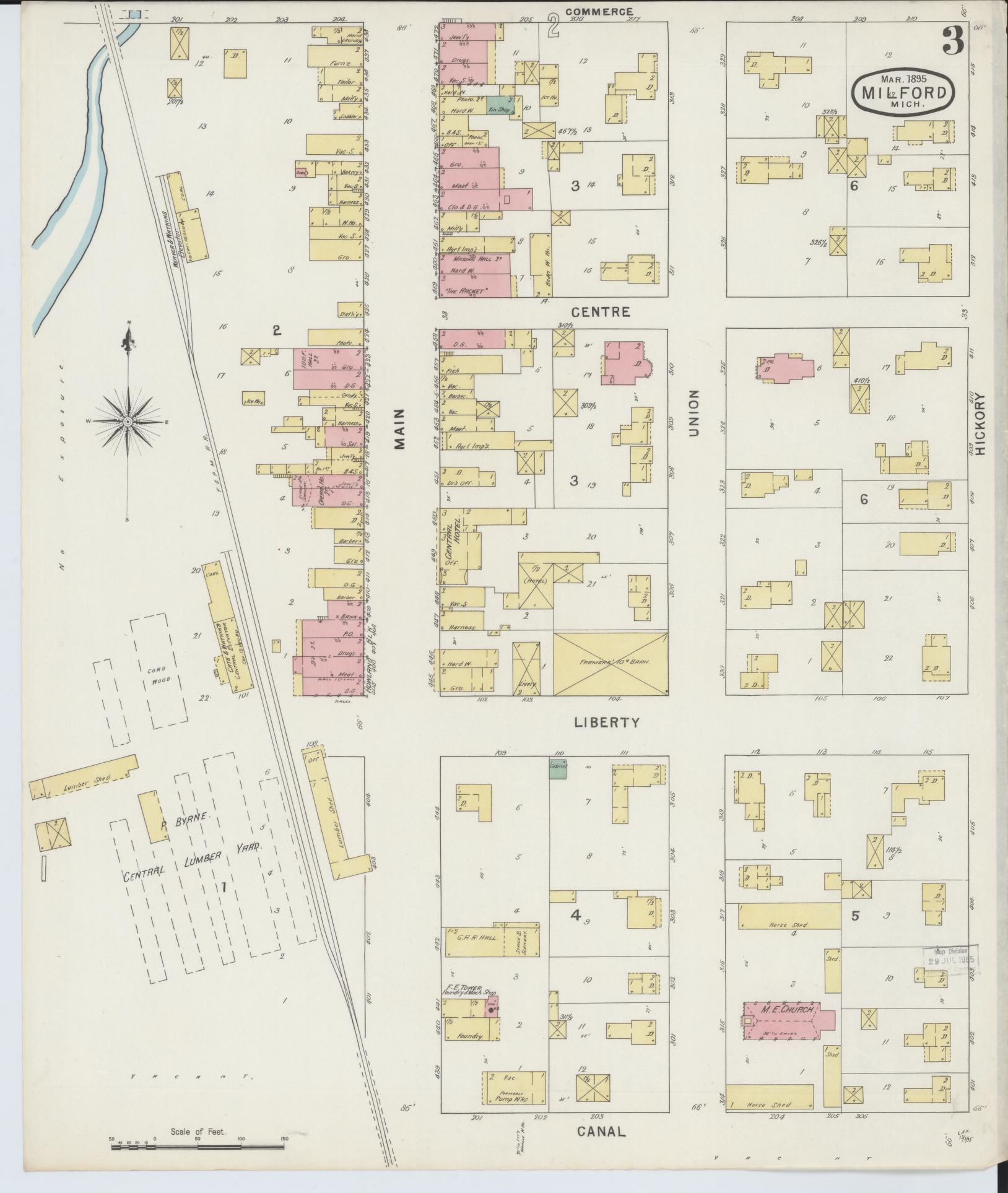 Sanborn Fire Insurance Map from Milford, Oakland County, Michigan (1895), Sheet #0003 - Complete Map Set gallery image, historic Sanborn map, vintage wall art, Michigan Michigan