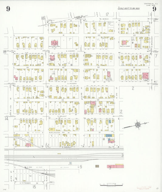 Sanborn Fire Insurance Map from Centralia, Marion, Clinton, Jefferson, and Washington Counties, Illinois (1938), Sheet #0009 - Historic Sanborn Fire Insurance Map Print, vintage old map wall art, antique decor, genealogy gift, Illinois Illinois map