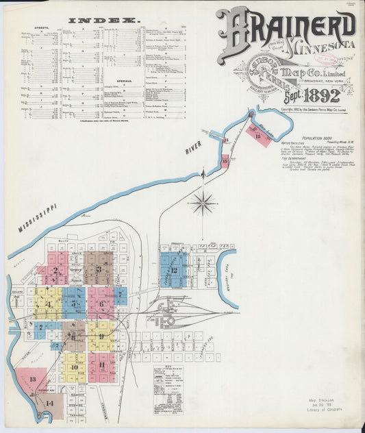 Sanborn Fire Insurance Map from Brainerd, Crow Wing County, Minnesota (1892), Sheet #0001 - Historic Sanborn Fire Insurance Map Print, vintage old map wall art, antique decor, genealogy gift, Minnesota Minnesota map