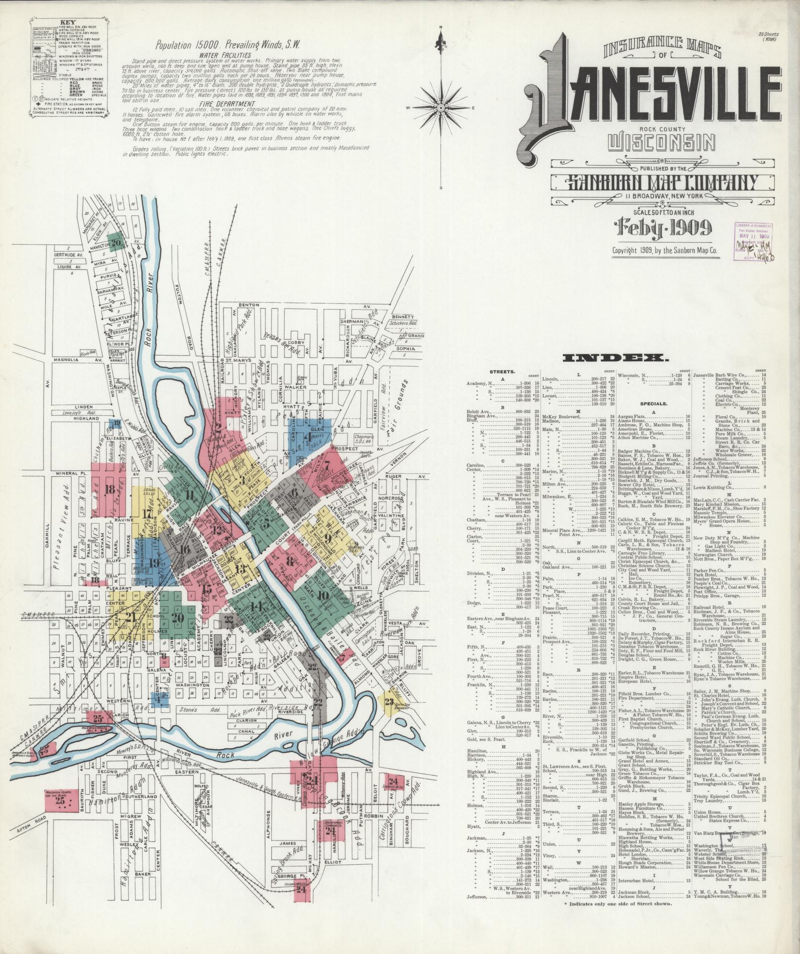 Sanborn Fire Insurance Map from Janesville, Rock County, Wisconsin (1909), Sheet #0001 - Complete Map Set gallery image, historic Sanborn map, vintage wall art, Wisconsin Wisconsin