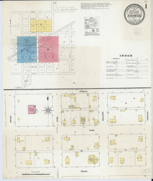 Sanborn Fire Insurance Map from Kirkwood, Warren County, Illinois (1907), Sheet #0001 - Historic Sanborn Fire Insurance Map Print, vintage old map wall art, antique decor, genealogy gift, Illinois Illinois map