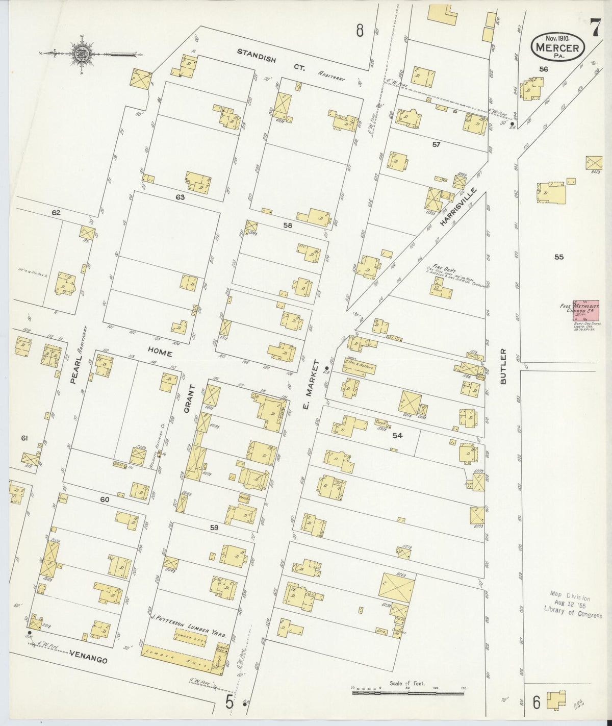 Sanborn Fire Insurance Map from Mercer, Mercer County, Pennsylvania (1910), Sheet #0007 - Complete Map Set gallery image, historic Sanborn map, vintage wall art, Pennsylvania Pennsylvania