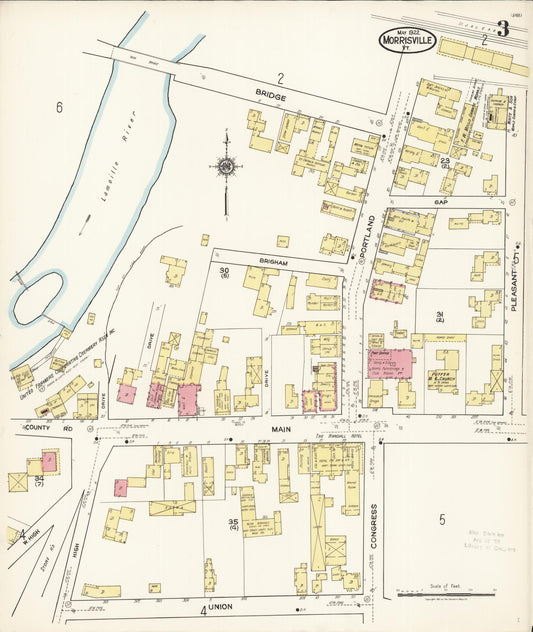 Sanborn Fire Insurance Map from Morrisville, Lamoille County, Vermont (1922), Sheet #0003 - Historic Sanborn Fire Insurance Map Print, vintage old map wall art, antique decor, genealogy gift, Vermont Vermont map