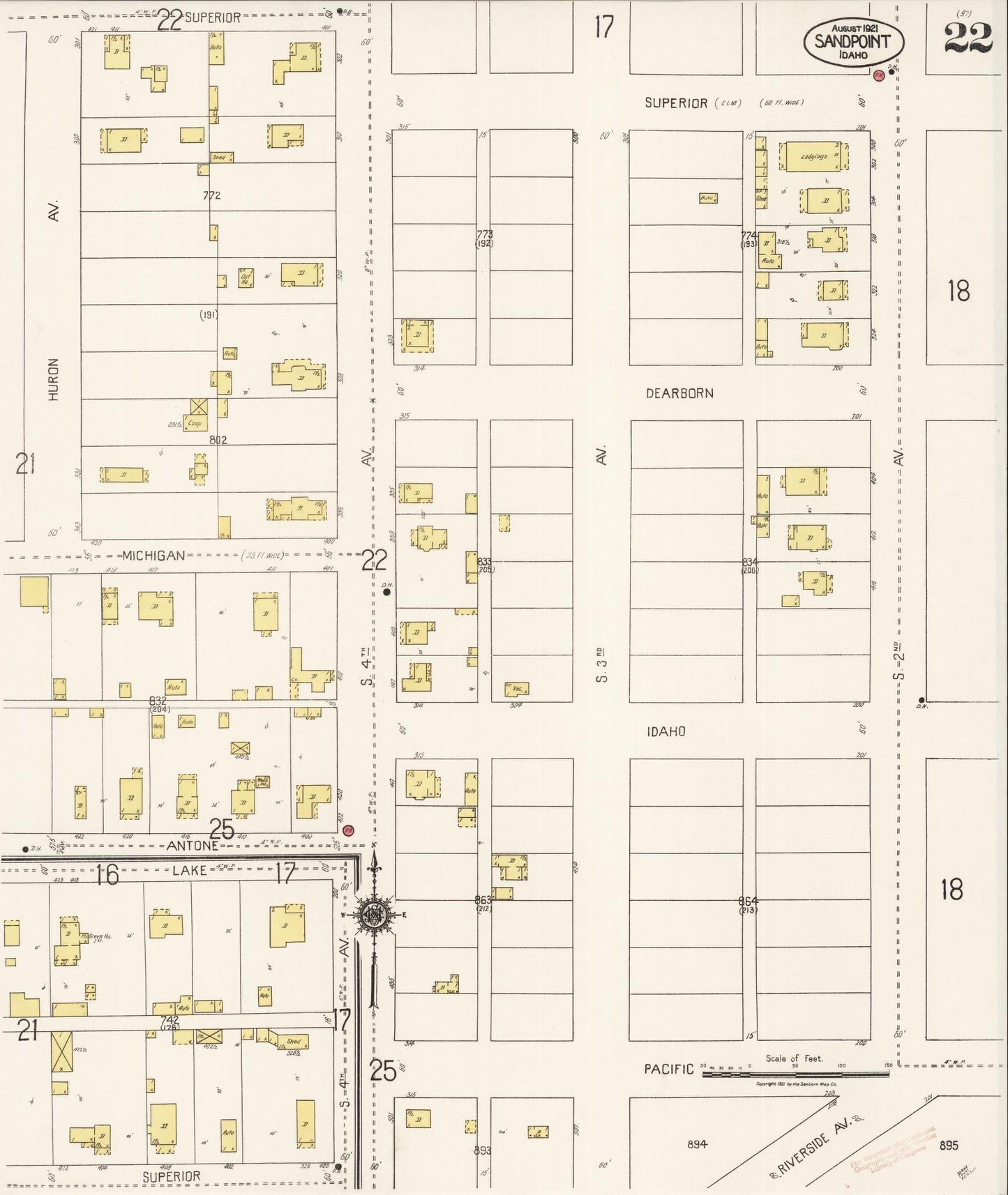 Sanborn Fire Insurance Map from Sandpoint, Bonner County, Idaho (1921), Sheet #0022 - Complete Map Set gallery image, historic Sanborn map, vintage wall art, Idaho Idaho