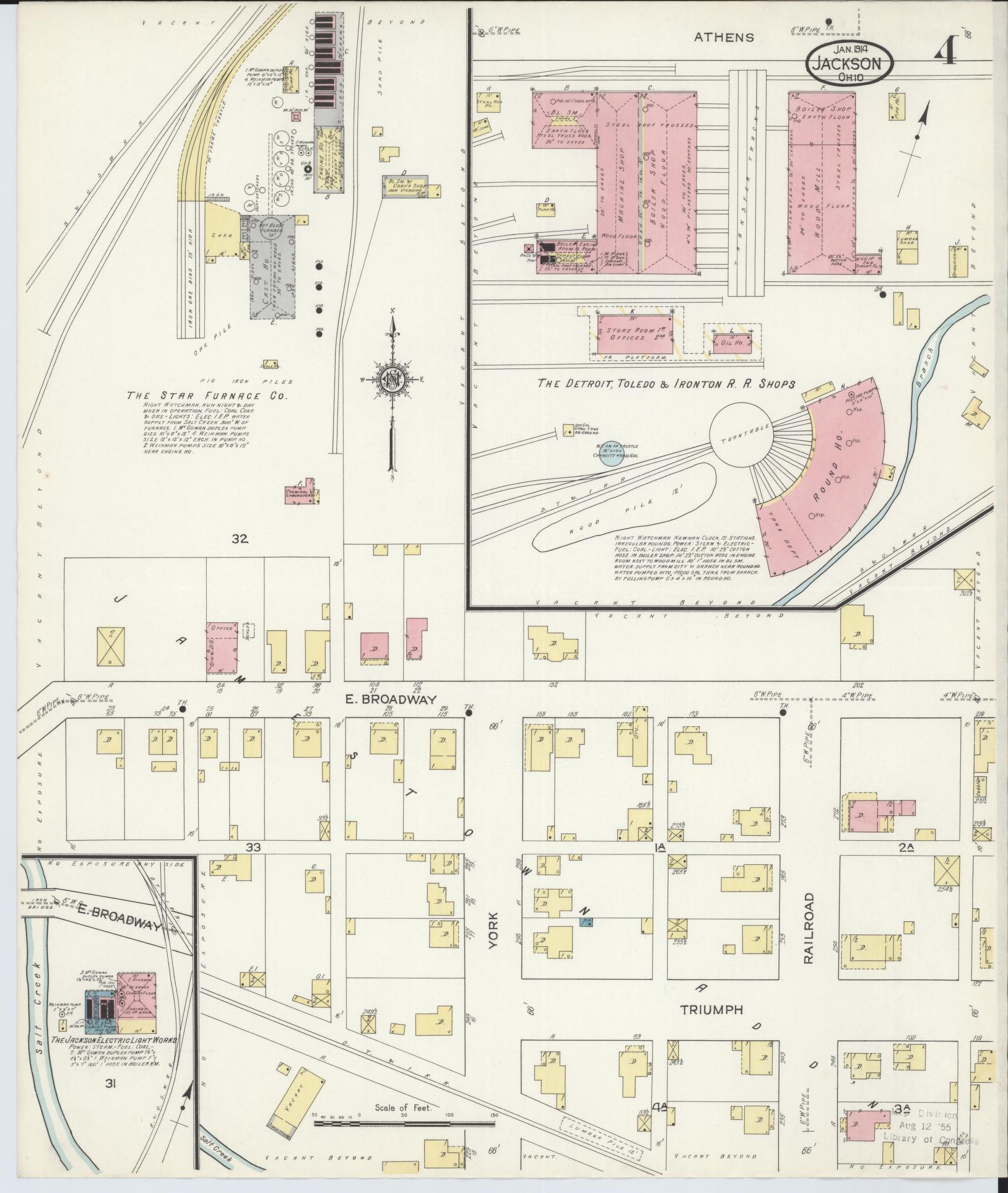 Sanborn Fire Insurance Map from Jackson, Jackson County, Ohio (1914), Sheet #0004 - Historic Sanborn Fire Insurance Map Print, vintage old map wall art, antique decor, genealogy gift, Ohio Ohio map
