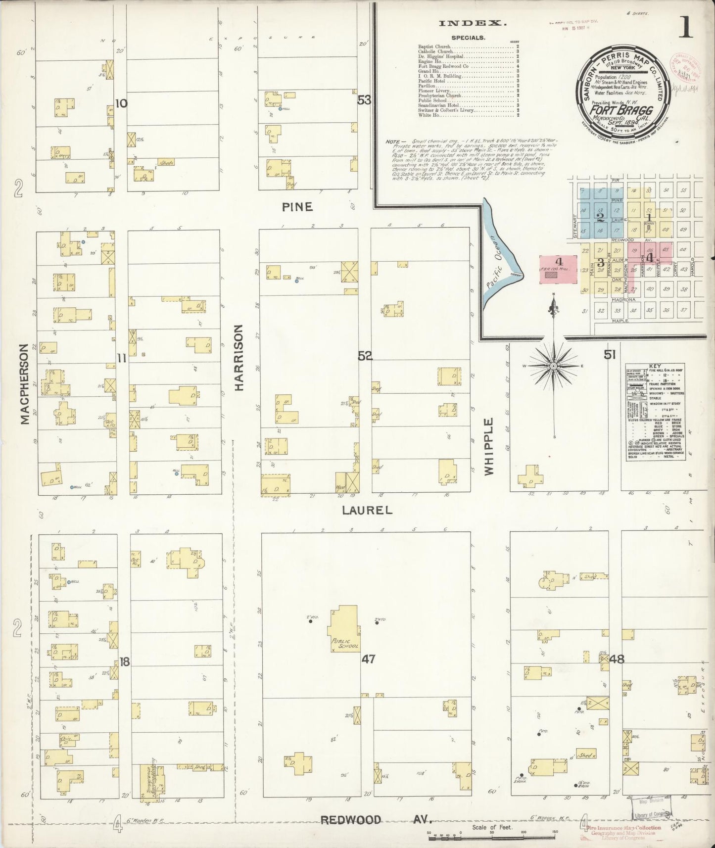 Sanborn Fire Insurance Map from Fort Bragg, Mendocino County, California (1894), Sheet #0001 - Historic Sanborn Fire Insurance Map Print, vintage old map wall art, antique decor, genealogy gift, California California map