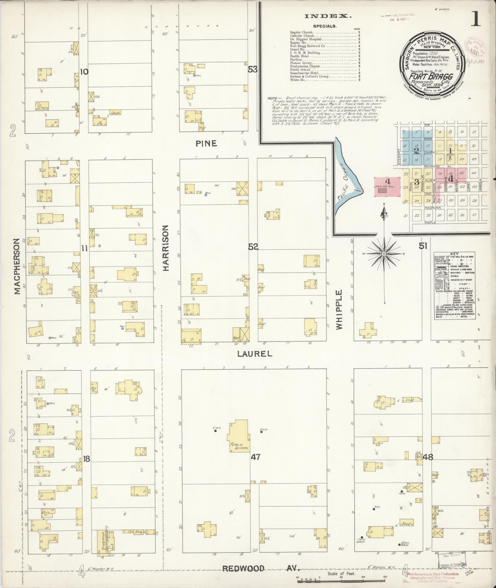 Sanborn Fire Insurance Map from Fort Bragg, Mendocino County, California (1894), Sheet #0001 - Historic Sanborn Fire Insurance Map Print, vintage old map wall art, antique decor, genealogy gift, California California map