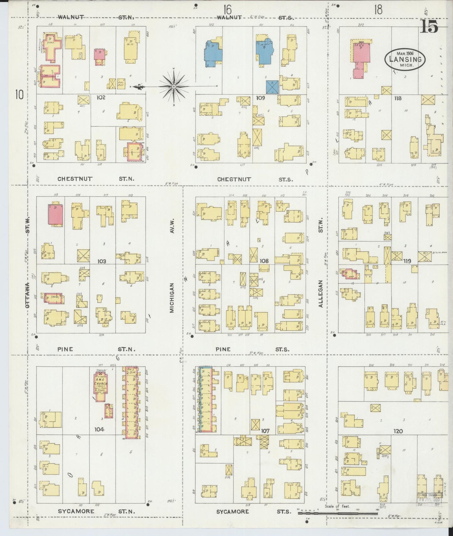 Sanborn Fire Insurance Map from Lansing, Ingham County, Michigan (1906), Sheet #0015 - Historic Sanborn Fire Insurance Map Print, vintage old map wall art, antique decor, genealogy gift, Michigan Michigan map