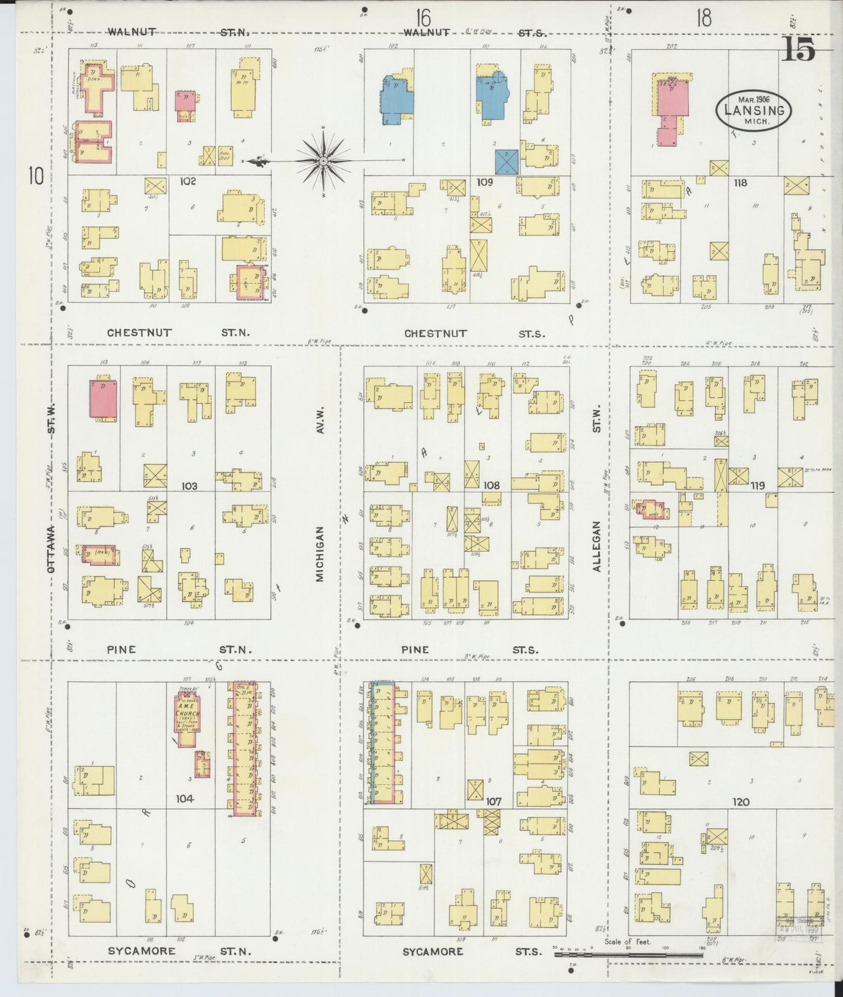 Sanborn Fire Insurance Map from Lansing, Ingham County, Michigan (1906), Sheet #0015 - Historic Sanborn Fire Insurance Map Print, vintage old map wall art, antique decor, genealogy gift, Michigan Michigan map