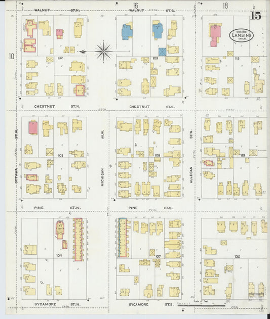 Sanborn Fire Insurance Map from Lansing, Ingham County, Michigan (1906), Sheet #0015 - Historic Sanborn Fire Insurance Map Print, vintage old map wall art, antique decor, genealogy gift, Michigan Michigan map