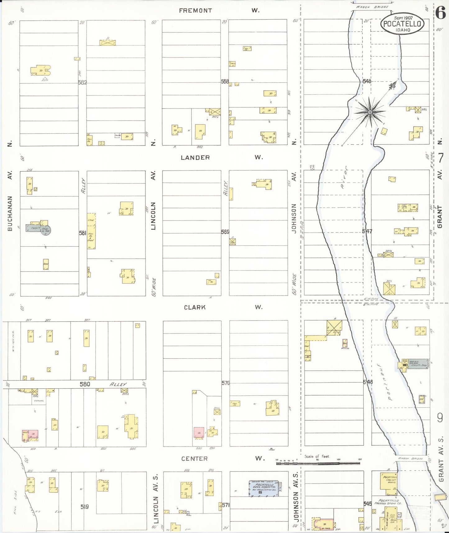 Sanborn Fire Insurance Map from Pocatello, Bannock County, Idaho (1907), Sheet #0006 - Complete Map Set gallery image, historic Sanborn map, vintage wall art, Idaho Idaho