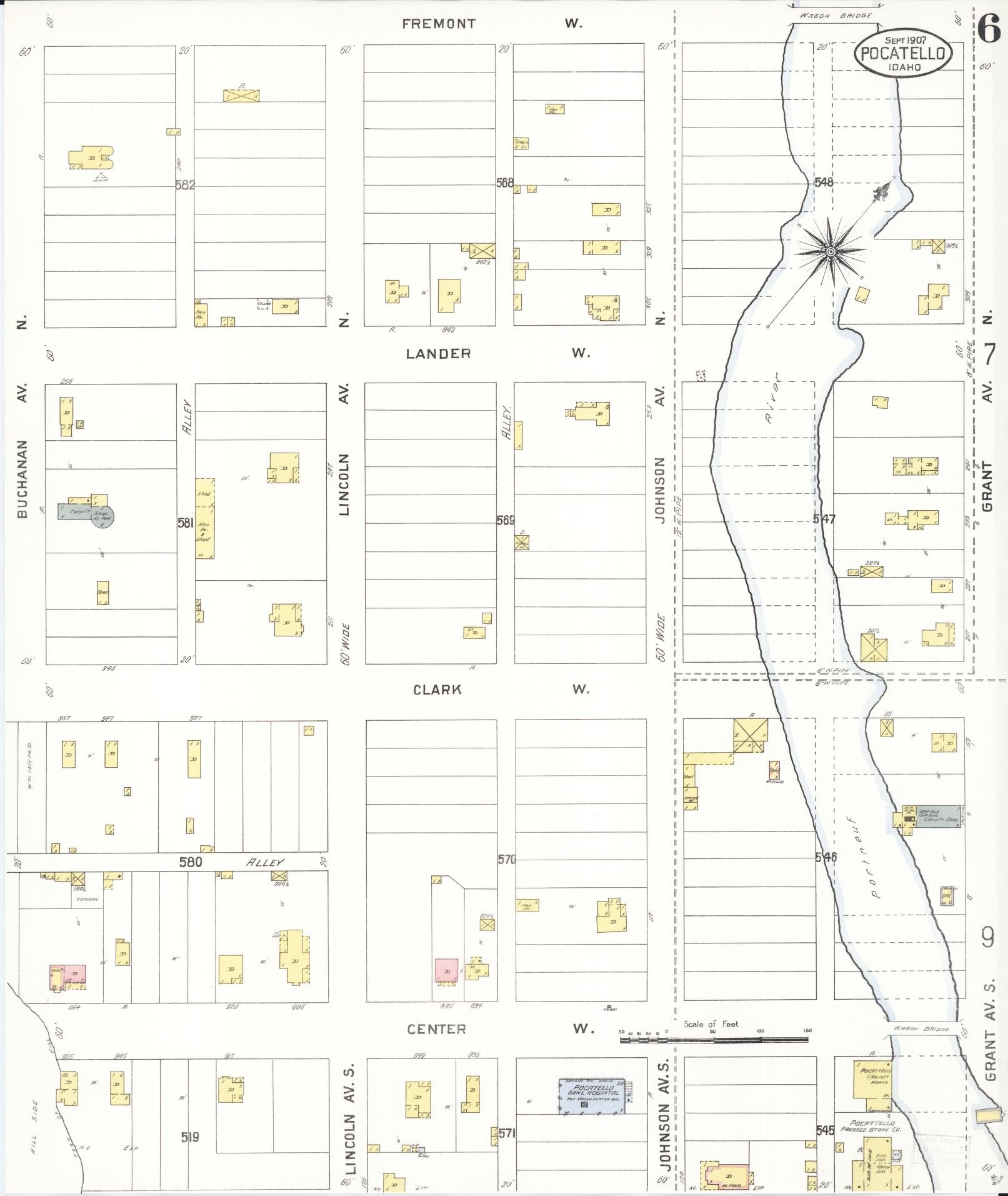 Sanborn Fire Insurance Map from Pocatello, Bannock County, Idaho (1907), Sheet #0006 - Complete Map Set gallery image, historic Sanborn map, vintage wall art, Idaho Idaho