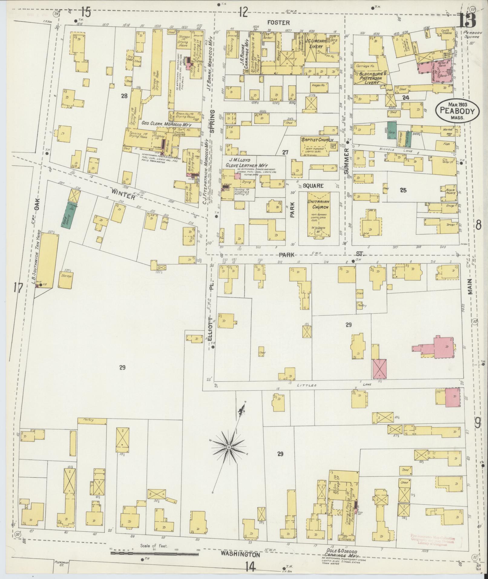 Sanborn Fire Insurance Map from Peabody, Essex County, Massachusetts (1903), Sheet #0013 - Historic Sanborn Fire Insurance Map Print, vintage old map wall art, antique decor, genealogy gift, Massachusetts Massachusetts map