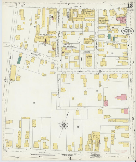 Sanborn Fire Insurance Map from Peabody, Essex County, Massachusetts (1903), Sheet #0013 - Historic Sanborn Fire Insurance Map Print, vintage old map wall art, antique decor, genealogy gift, Massachusetts Massachusetts map