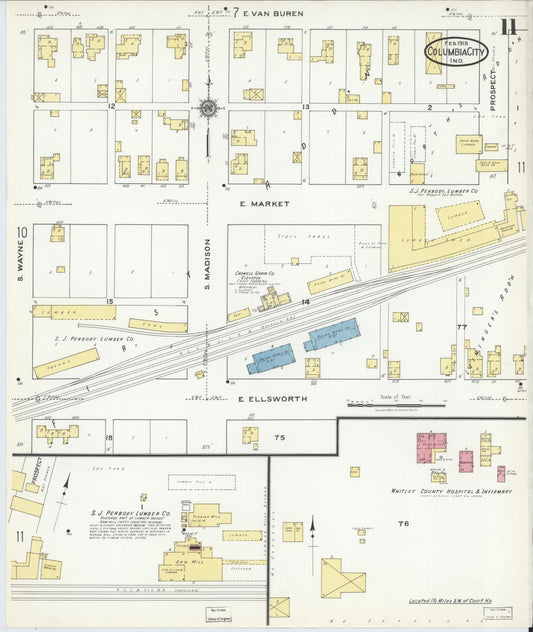 Sanborn Fire Insurance Map from Columbia City, Whitley County, Indiana (1918), Sheet #0011 - Historic Sanborn Fire Insurance Map Print, vintage old map wall art, antique decor, genealogy gift, Indiana Indiana map