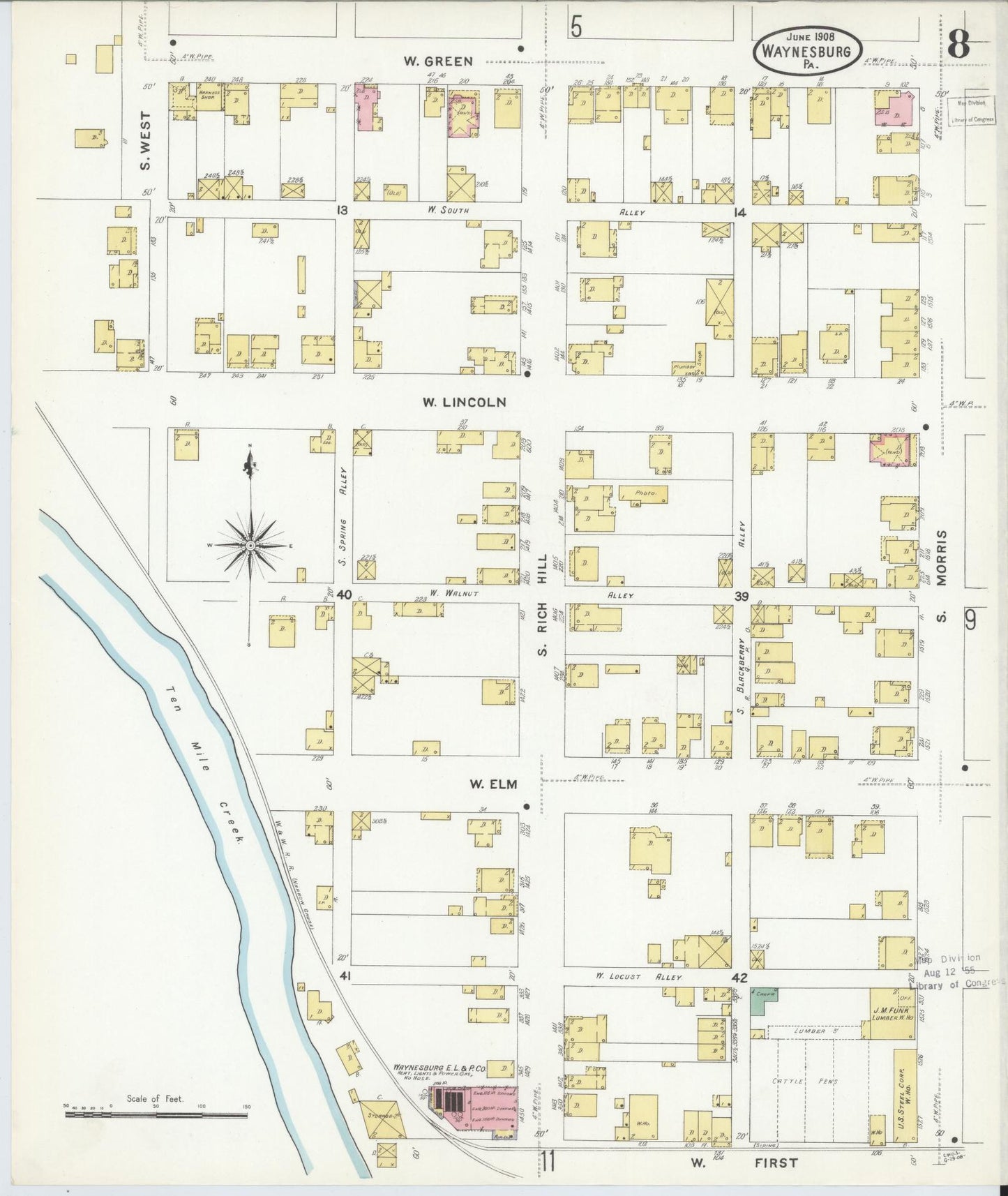 Sanborn Fire Insurance Map from Waynesburg, Greene County, Pennsylvania (1908), Sheet #0008 - Historic Sanborn Fire Insurance Map Print, vintage old map wall art, antique decor, genealogy gift, Pennsylvania Pennsylvania map