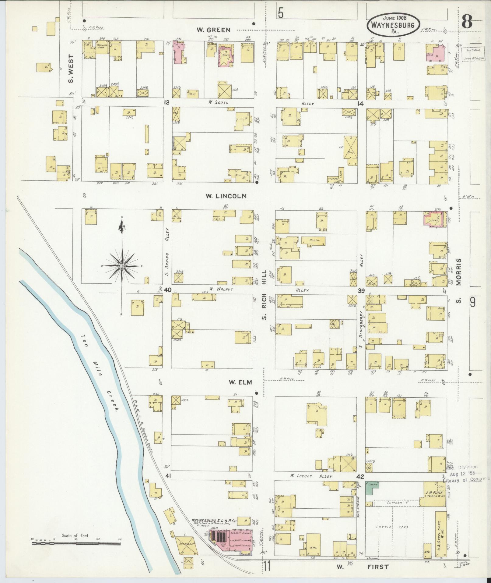 Sanborn Fire Insurance Map from Waynesburg, Greene County, Pennsylvania (1908), Sheet #0008 - Historic Sanborn Fire Insurance Map Print, vintage old map wall art, antique decor, genealogy gift, Pennsylvania Pennsylvania map