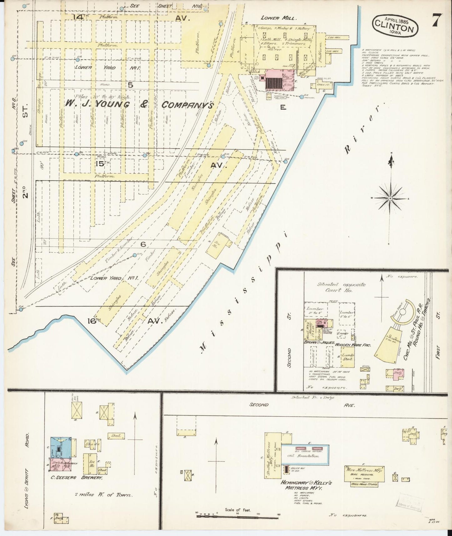 Sanborn Fire Insurance Map from Clinton, Clinton County, Iowa (1885), Sheet #0007 - Historic Sanborn Fire Insurance Map Print, vintage old map wall art