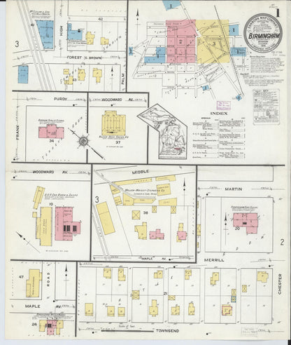 Sanborn Fire Insurance Map from Birmingham, Oakland County, Michigan (1915), Sheet #0001 - Complete Map Set gallery image, historic Sanborn map, vintage wall art, Michigan Michigan