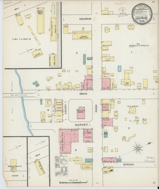 Sanborn Fire Insurance Map from Louisburg, Franklin County, North Carolina (1893), Sheet #0001 - Historic Sanborn Fire Insurance Map Print, vintage old map wall art, antique decor, genealogy gift, North Carolina North Carolina map