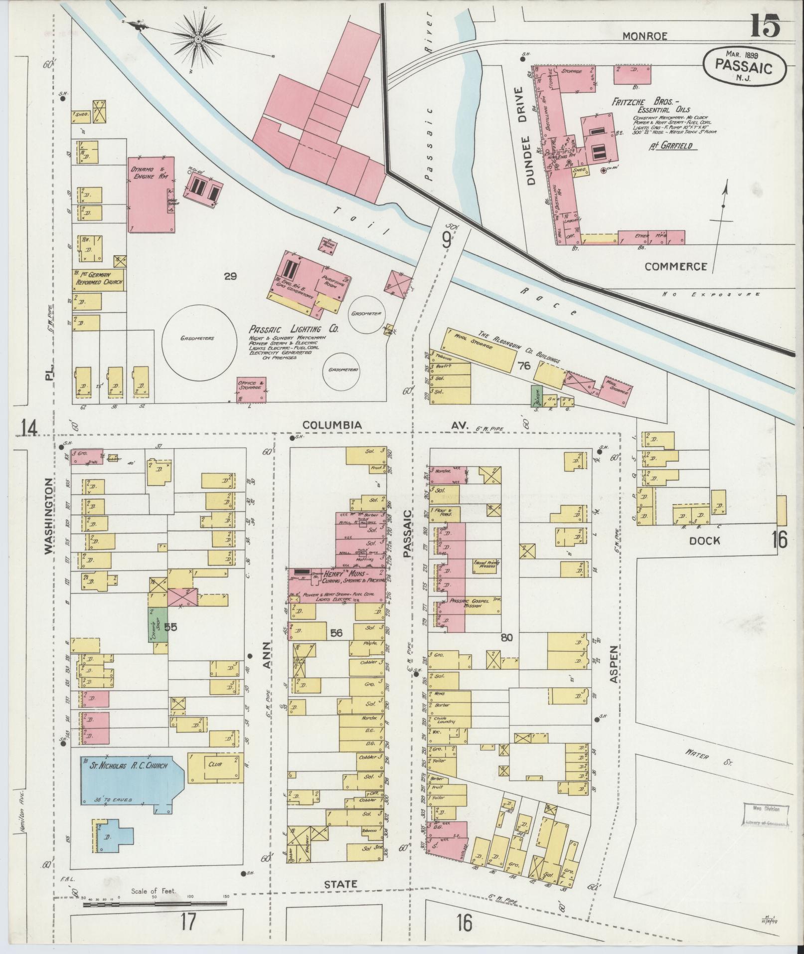 Sanborn Fire Insurance Map from Passaic, Passaic County, New Jersey (1899), Sheet #0015 - Complete Map Set gallery image, historic Sanborn map, vintage wall art, New Jersey New Jersey