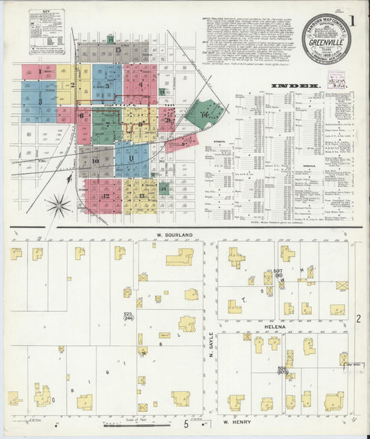 Sanborn Fire Insurance Map from Greenville, Hunt County, Texas (1909), Sheet #0001 - Complete Map Set gallery image, historic Sanborn map, vintage wall art, Texas Texas
