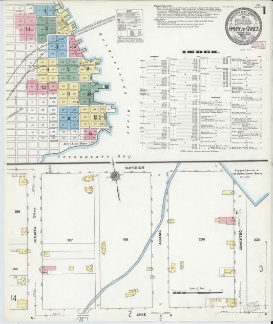 Sanborn Fire Insurance Map from Havre De Grace, Harford County, Maryland (1910), Sheet #0001 - Historic Sanborn Fire Insurance Map Print, vintage old map wall art, antique decor, genealogy gift, Maryland Maryland map