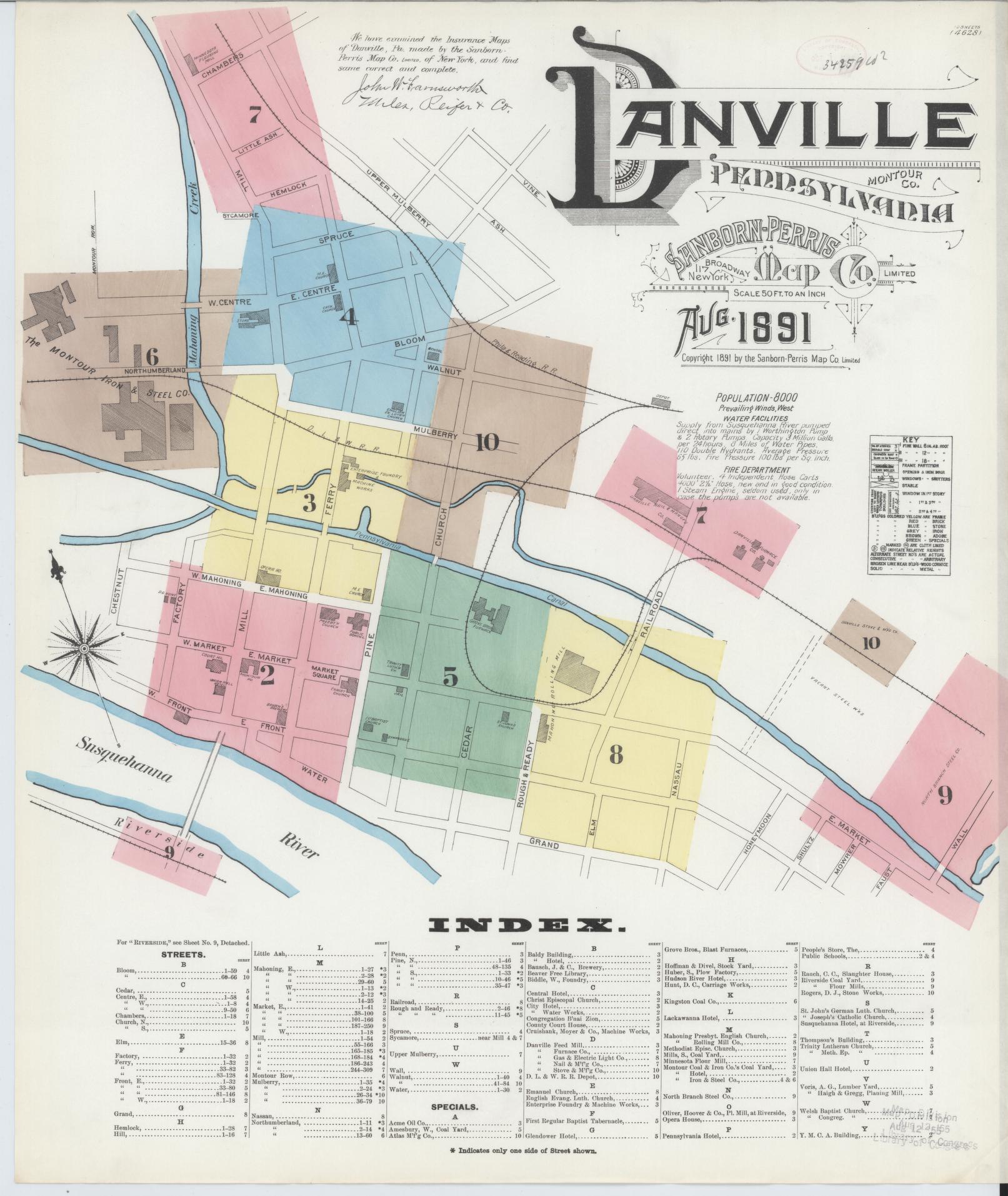 Sanborn Fire Insurance Map from Danville, Montour County, Pennsylvania (1891), Sheet #0001 - Historic Sanborn Fire Insurance Map Print, vintage old map wall art, antique decor, genealogy gift, Pennsylvania Pennsylvania map