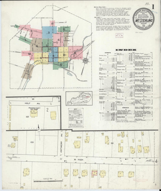 Sanborn Fire Insurance Map from Mount Sterling, Montgomery County, Kentucky (1914), Sheet #0001 - Historic Sanborn Fire Insurance Map Print, vintage old map wall art, antique decor, genealogy gift, Kentucky Kentucky map