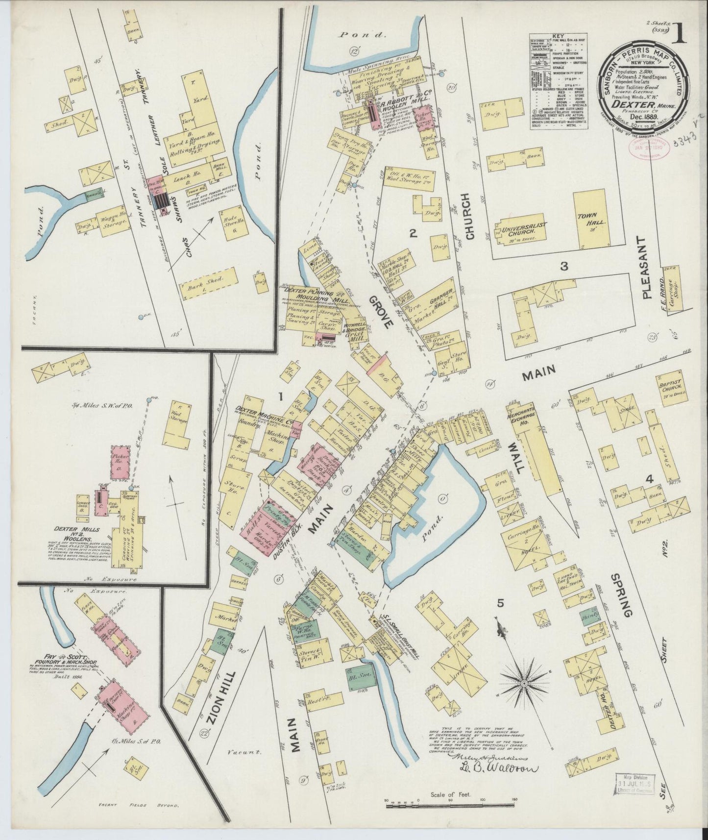 Sanborn Fire Insurance Map from Dexter, Penobscot County, Maine (1889), Sheet #0001 - Historic Sanborn Fire Insurance Map Print, vintage old map wall art, antique decor, genealogy gift, Maine Maine map