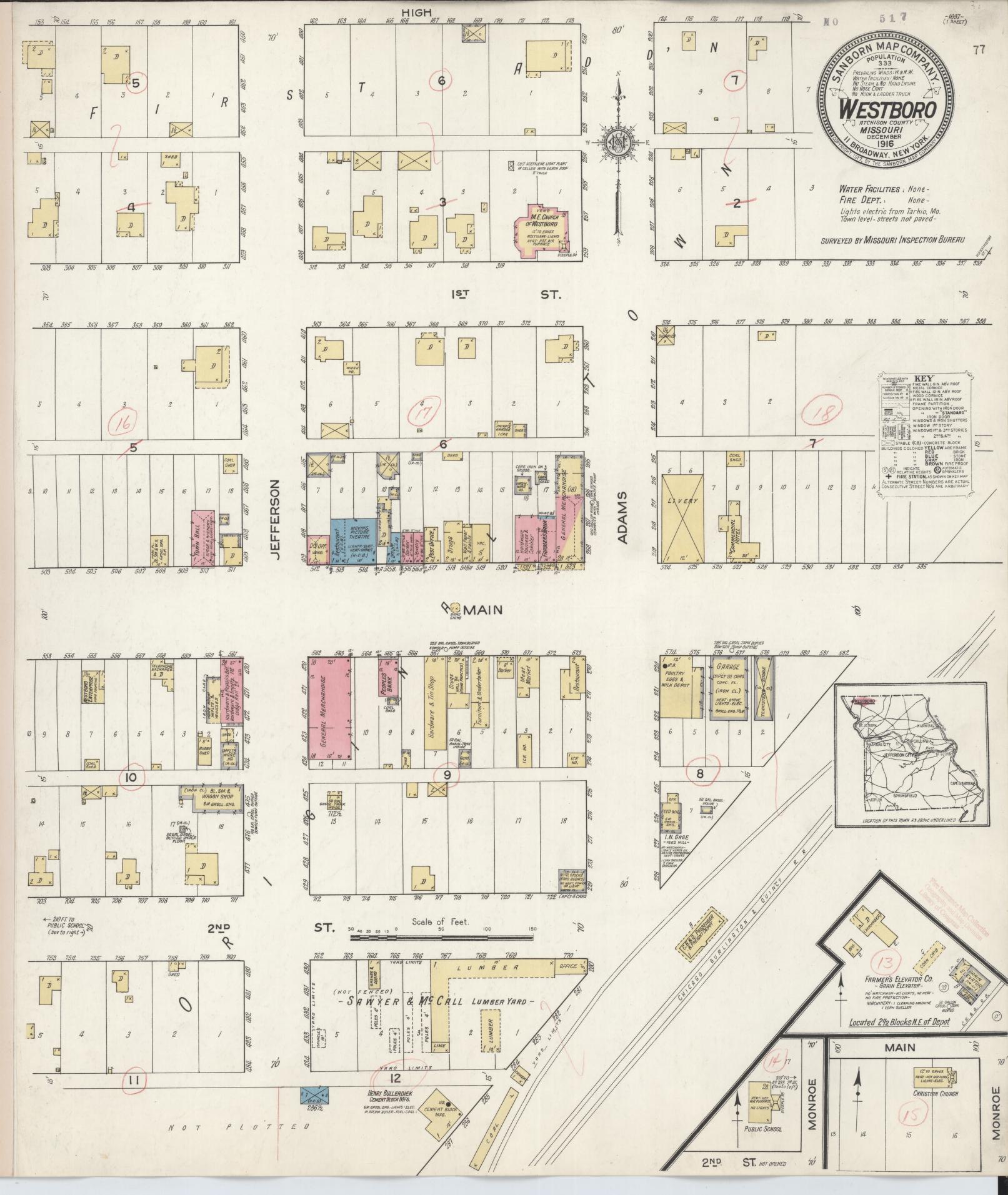 Sanborn Fire Insurance Map from Westboro, Atchison County, Missouri (1916), Sheet #0001 - Historic Sanborn Fire Insurance Map Print, vintage old map wall art, antique decor, genealogy gift, Missouri Missouri map