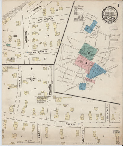 Sanborn Fire Insurance Map from Reading, Middlesex County, Massachusetts (1885), Sheet #0001 - Historic Sanborn Fire Insurance Map Print, vintage old map wall art, antique decor, genealogy gift, Massachusetts Massachusetts map
