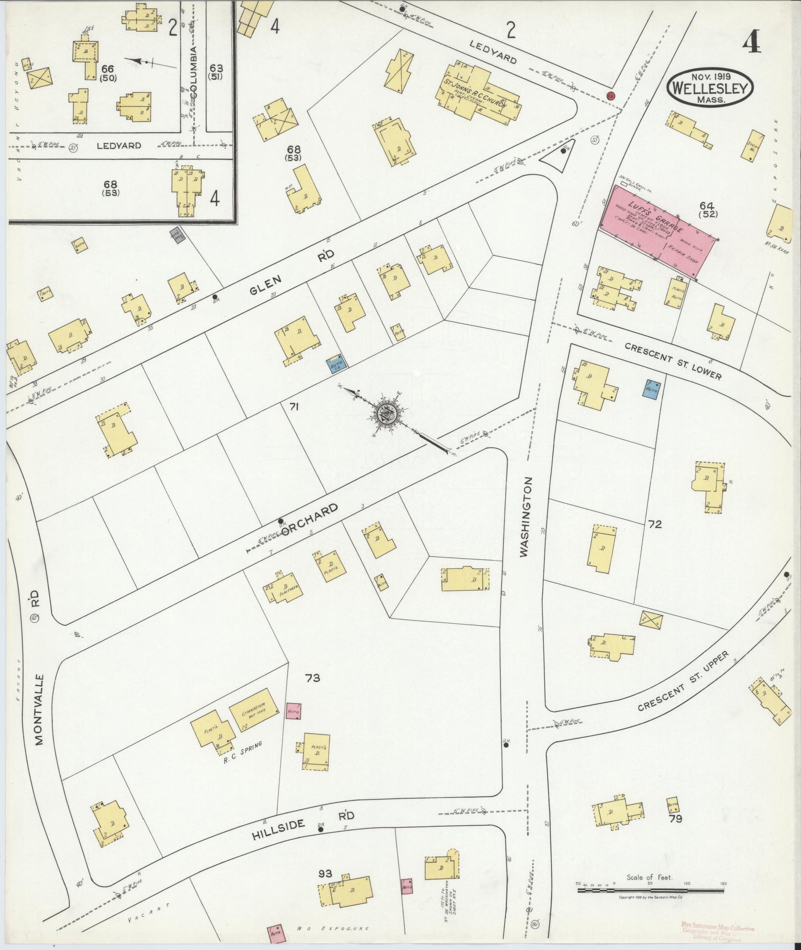 Sanborn Fire Insurance Map from Wellesley, Norfolk County, Massachusetts (1919), Sheet #0004 - Complete Map Set gallery image, historic Sanborn map, vintage wall art, Massachusetts Massachusetts