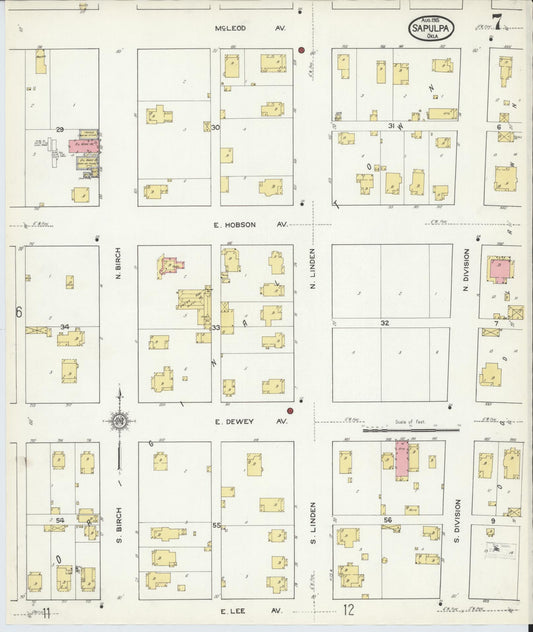 Sanborn Fire Insurance Map from Sapulpa, Creek County, Oklahoma (1915), Sheet #0007 - Historic Sanborn Fire Insurance Map Print, vintage old map wall art, antique decor, genealogy gift, Oklahoma Oklahoma map