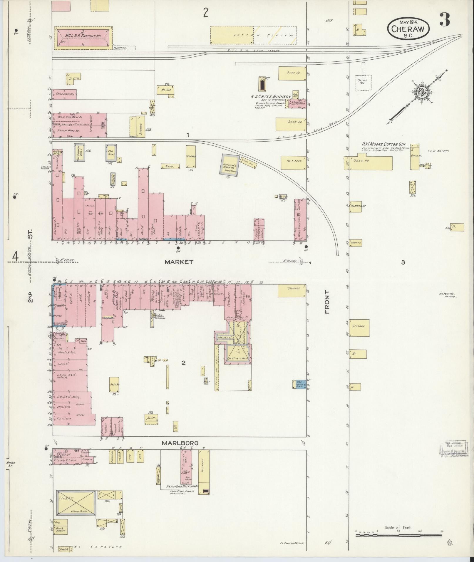 Sanborn Fire Insurance Map from Cheraw, Chesterfield County, South Carolina (1914), Sheet #0003 - Complete Map Set gallery image, historic Sanborn map, vintage wall art, South Carolina South Carolina