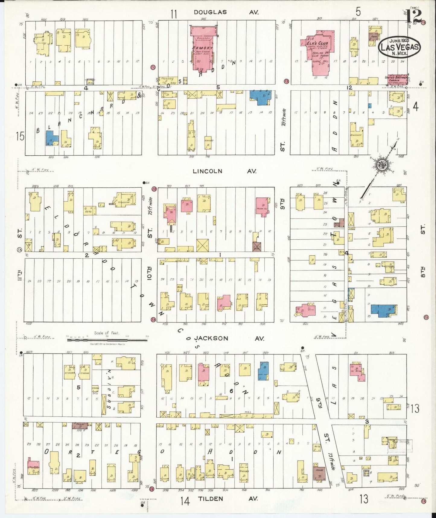 Sanborn Fire Insurance Map from Las Vegas, San Miguel County, New Mexico (1921), Sheet #0012 - Historic Sanborn Fire Insurance Map Print, vintage old map wall art, antique decor, genealogy gift, New Mexico New Mexico map