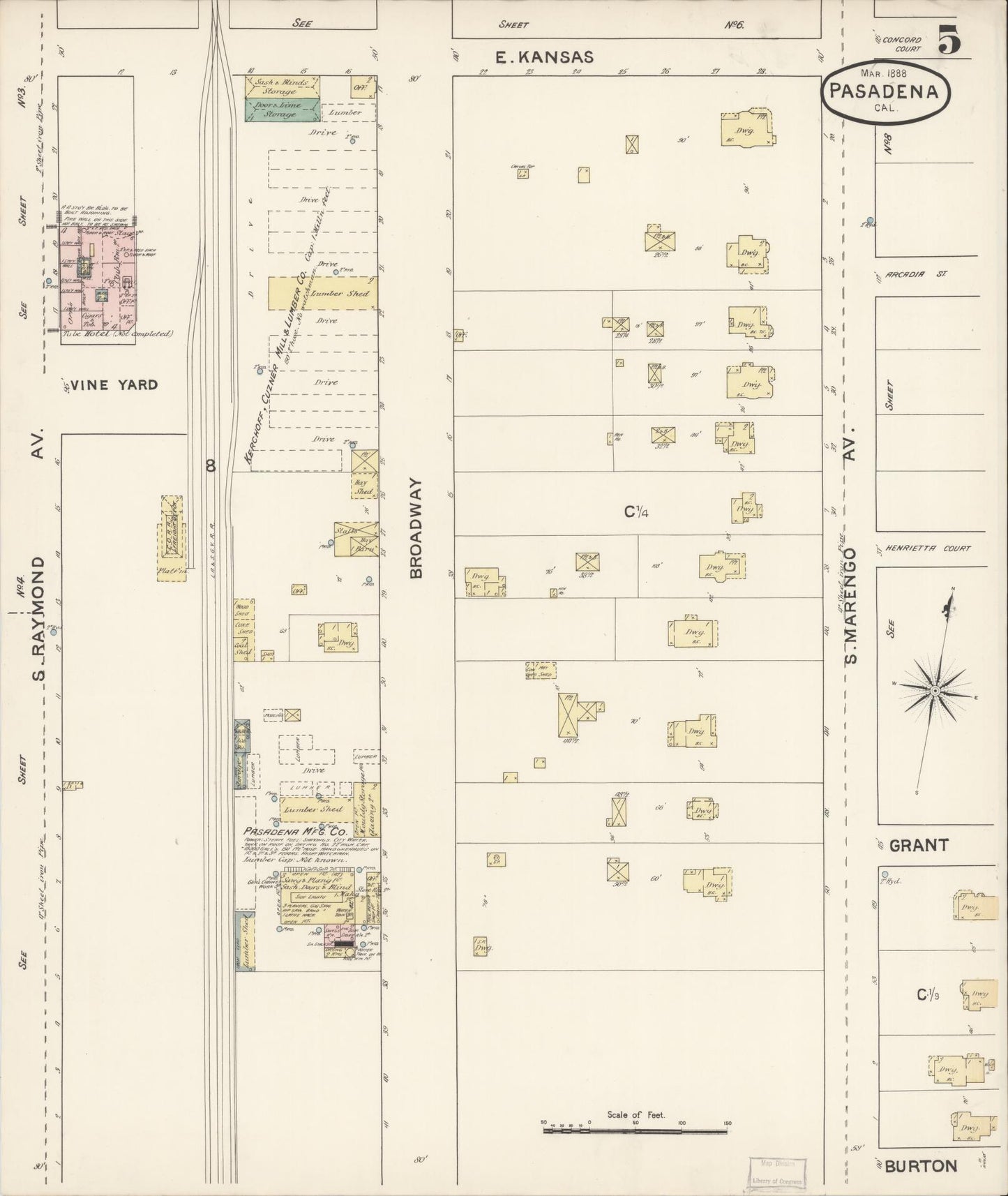 Sanborn Fire Insurance Map from Pasadena, Los Angeles County, California (1888), Sheet #0005 - Complete Map Set gallery image, historic Sanborn map, vintage wall art, California California