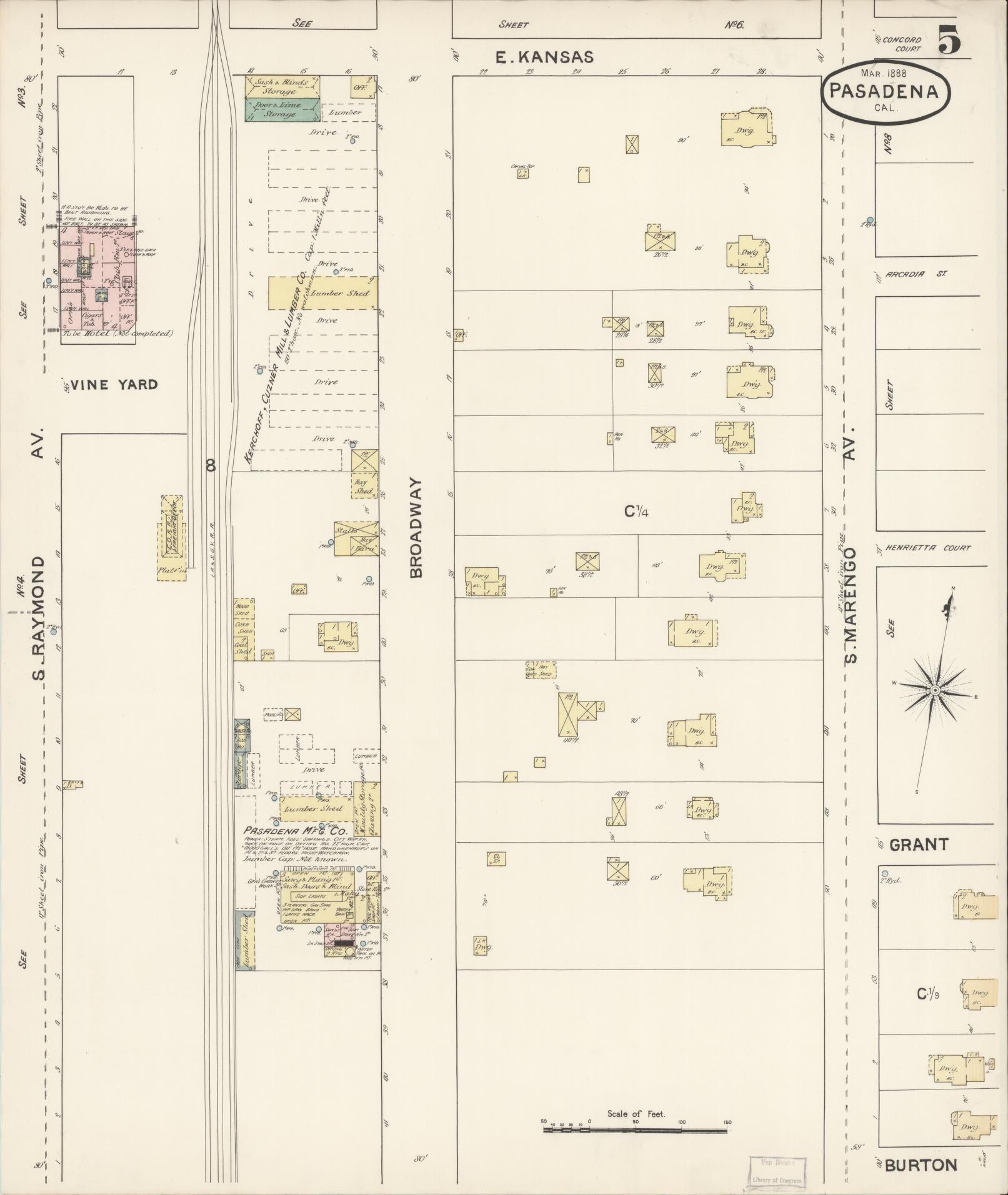 Sanborn Fire Insurance Map from Pasadena, Los Angeles County, California (1888), Sheet #0005 - Complete Map Set gallery image, historic Sanborn map, vintage wall art, California California
