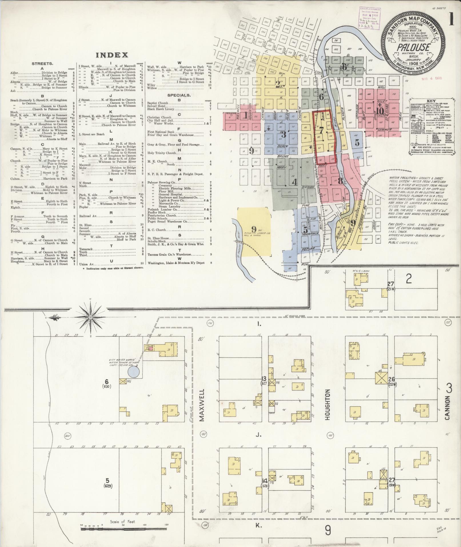 Sanborn Fire Insurance Map from Palouse City, Whitman County, Washington (1908), Sheet #0001 - Complete Map Set gallery image, historic Sanborn map, vintage wall art, Washington Washington