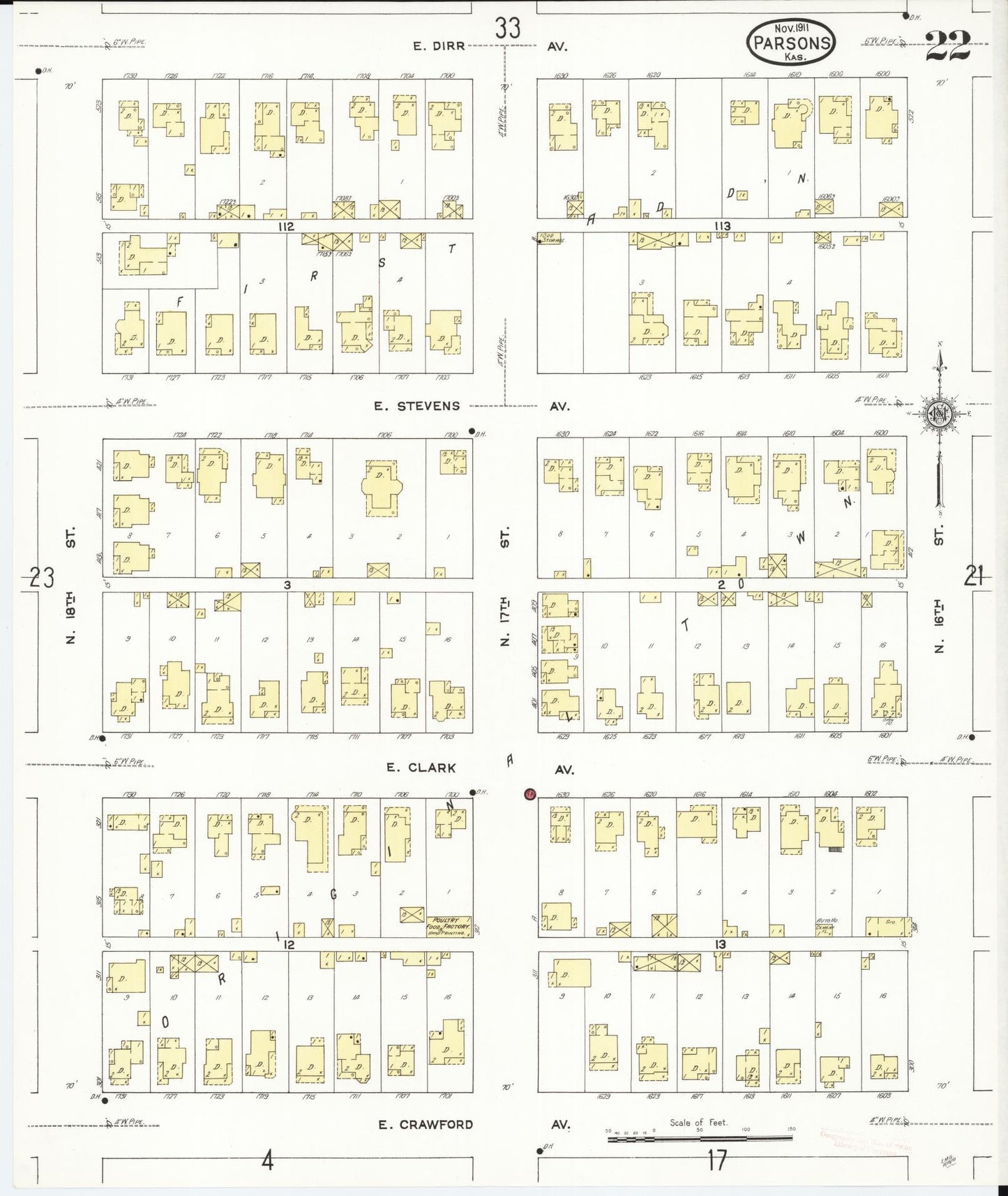 Sanborn Fire Insurance Map from Parsons, Labette County, Kansas (1911), Sheet #0022 - Historic Sanborn Fire Insurance Map Print, vintage old map wall art, antique decor, genealogy gift, Kansas Kansas map