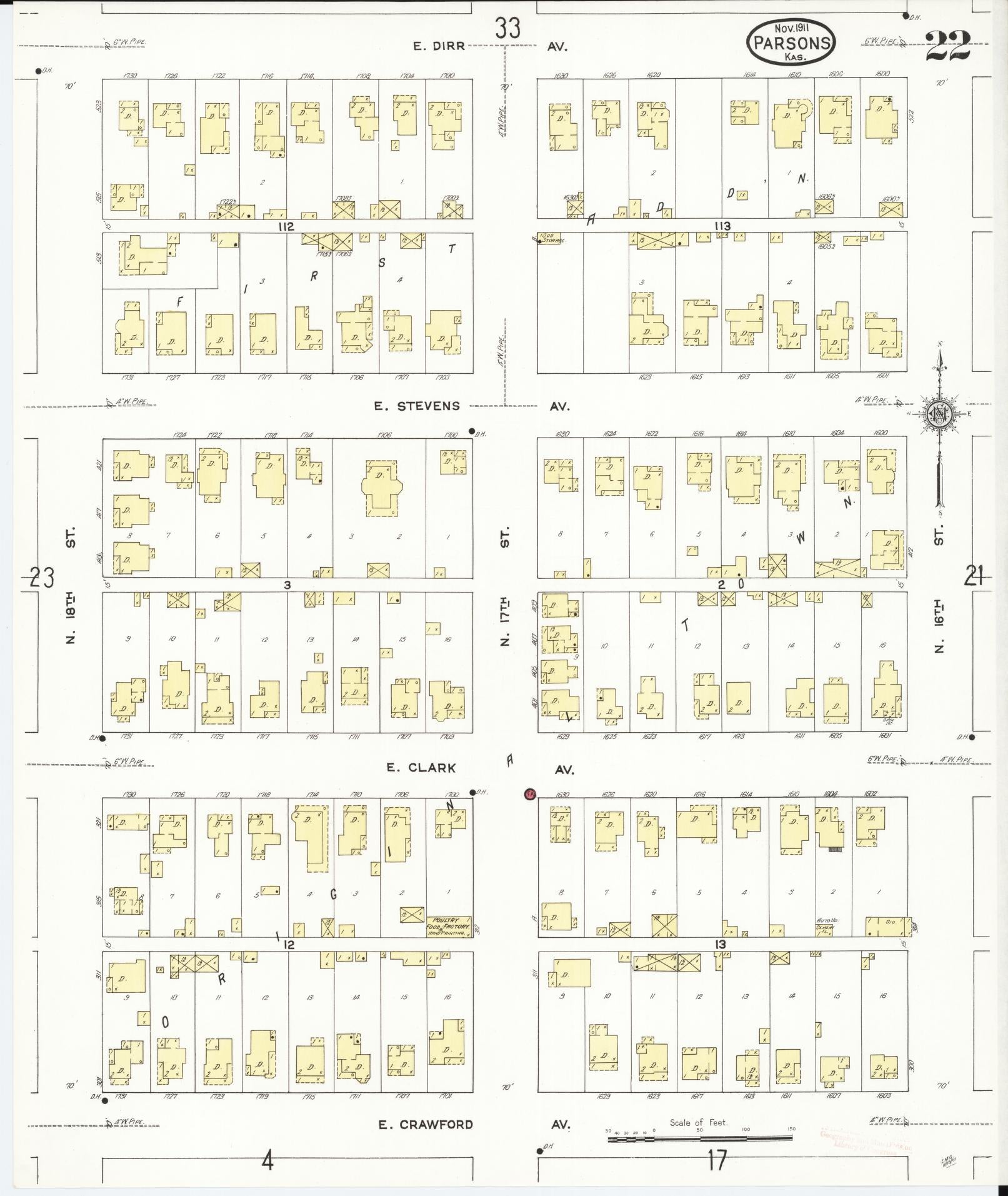 Sanborn Fire Insurance Map from Parsons, Labette County, Kansas (1911), Sheet #0022 - Historic Sanborn Fire Insurance Map Print, vintage old map wall art, antique decor, genealogy gift, Kansas Kansas map